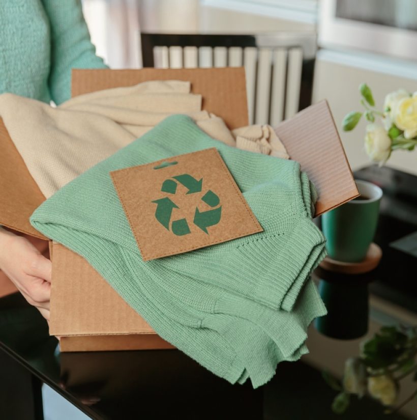 Woman,Packing,Box,With,Used,Wardrobe,And,Card,With,Circular